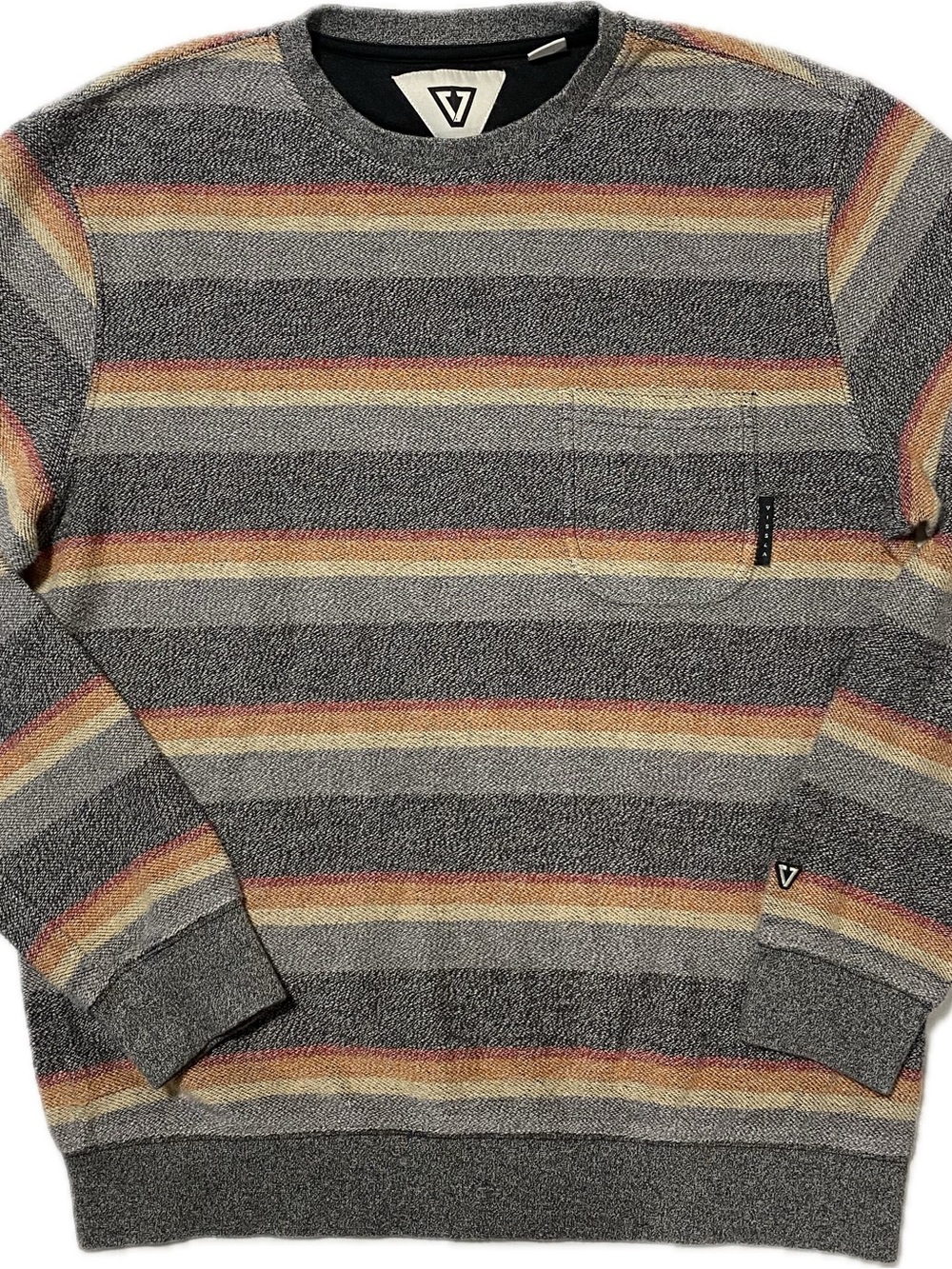 VISSLA Gray Crewneck Sweater with Orange and Cream Stripes